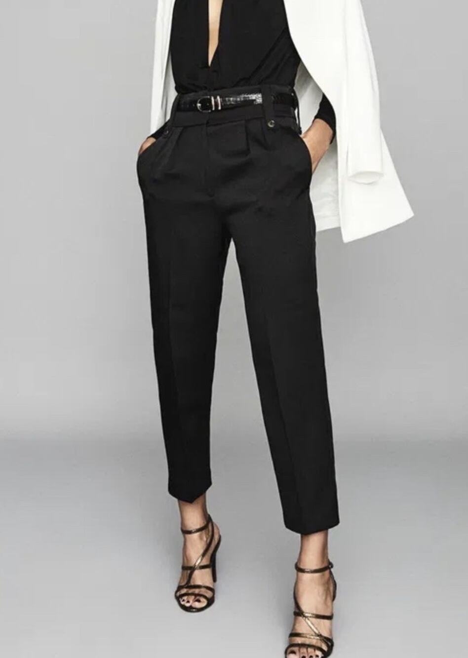 Reiss NWT Lenox Black High Rise Wide Leg Crop Wide Waistband Relax Fit US Sz 12
